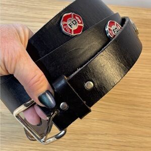 Fireman’s Sole Survivor Black Leather Mens Belt with Silver Buckle FD Accents XL